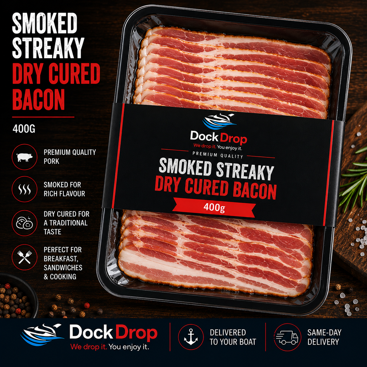 Smoked Streaky Dry Cured Bacon (400g)